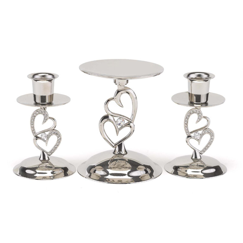 Silver Rhinestone Heart Wedding Candle Stand Trio
