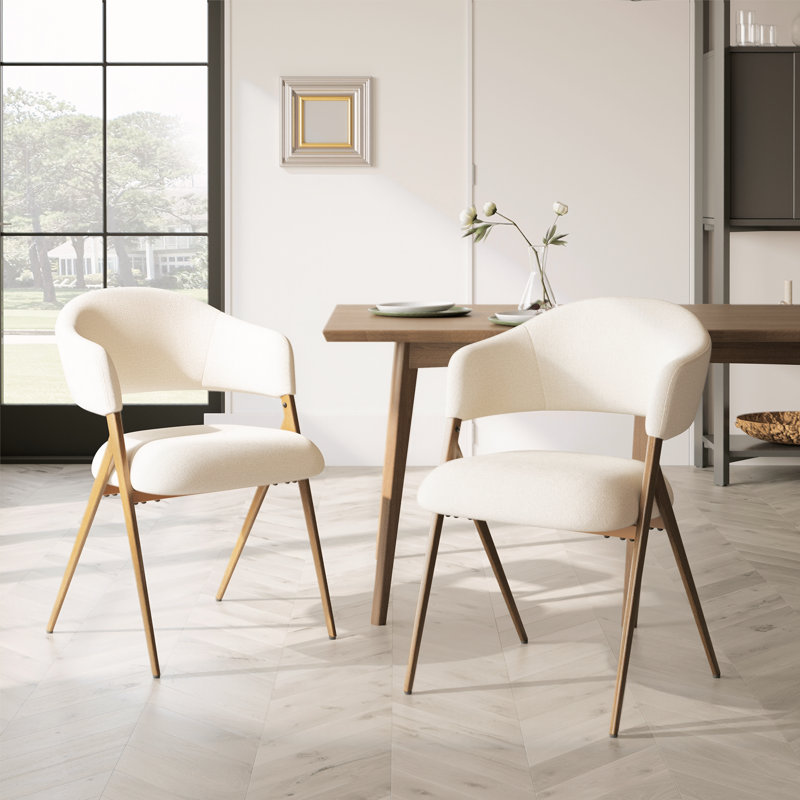 3.54" Thick Cushion Upholstered Dining Arm Chair with Wood-Look Metal Leg, Beige