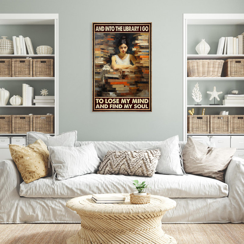Livres et une bibliothèque sur toile, H 36 po x l 24 po x P 1,25 po