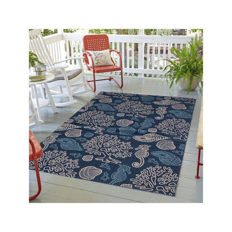Tapis intérieur / extérieur bleu marine / crème Leonora, Rectangle 5 pi 3 po x 7 pi 7 po