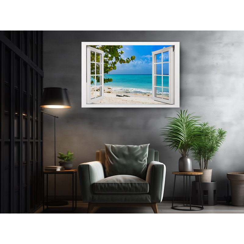 Impression sur toile, "Ocean Bliss with Open Window and Tree View Blue Sky Motivation" sur toile, H 12 po x l 18 po