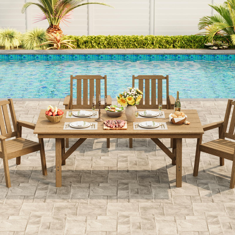 Outdoor Dining Table for 4-6, HDPE All-Weather Rectangular Patio Table with Umbrella Hole & Triangular Legs, 66.9" Long Waterproof Garden Dining Table for Backyard, Deck, Brown