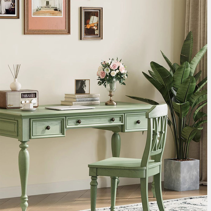 Bureau rectangulaire vert en bois massif et manufacturé avec 3 tiroirs