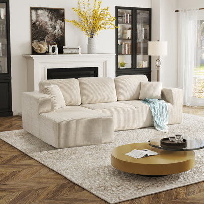 Modern Overstuffed Compression Corduroy L-Shaped Sectional Sofa With Chaise For Living Room - No Need Assembly