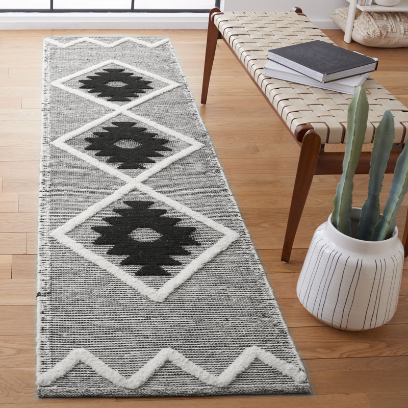 Tapis en laine / coton tissé à la main Vermont en gris / noir / ivoire, Tapis de couloir 2 pi 3 po x 9 pi