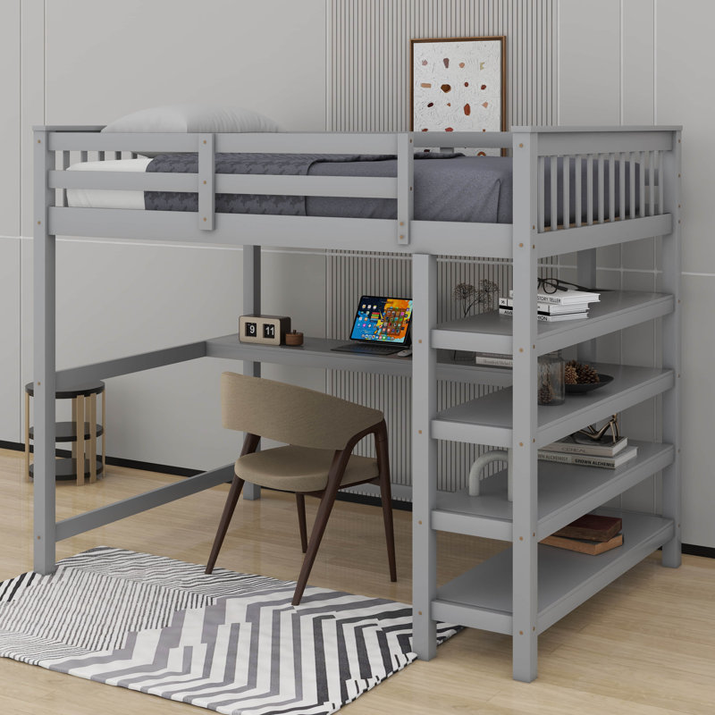 Lit mezzanine double avec tablettes et bureau sous le lit, gris
