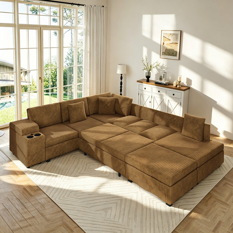 Canapé modulaire en L en velours côtelé 5 pièces avec repose-pieds amovible, canapé-lit convertible avec accoudoirs dissimulés et ports de chargement USB