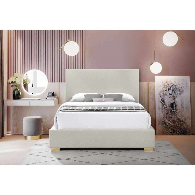 Crosby Solid Wood and Upholstered Platform Bed, Queen, Beige Linen Textured Fabric