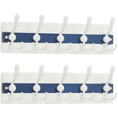 Porte-manteau mural de style bord de mer - Crochet en bois de 43 cm (16-7/8 po) avec 5 crochets pour suspendre manteaux, chapeaux ou serviettes, collection Oceanfront Cottage Core, blanc et vert, ensemble de 2
