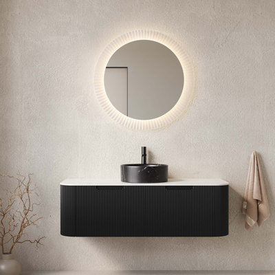 Meuble-lavabo 48 po, meuble-lavabo rayé à bord arrondi en contreplaqué avec 2 tiroirs, lavabo rond en céramique et plateau en pierre frittée, pré-assemblé