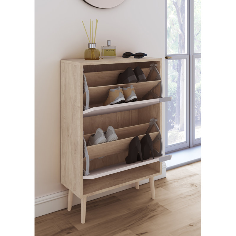 10 Pair Shoe Storage Cabinet, Light Oak/White