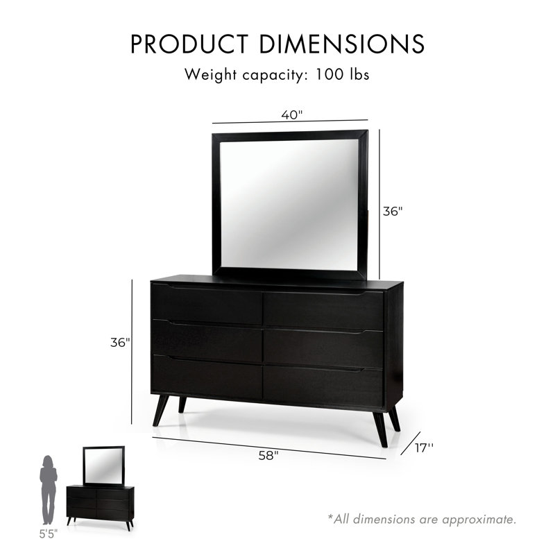 Stalter 58''W 6-Drawer Dresser with Mirror, Black