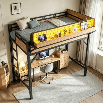 Lit mezzanine, cadre de lit mezzanine en métal avec étagères de rangement et panneau perforé, lit mezzanine avec ports USB et lumières DEL, barrière de sécurité et escalier sur toute la longueur, aucun sommier requis, naturel, taille Twin XL.