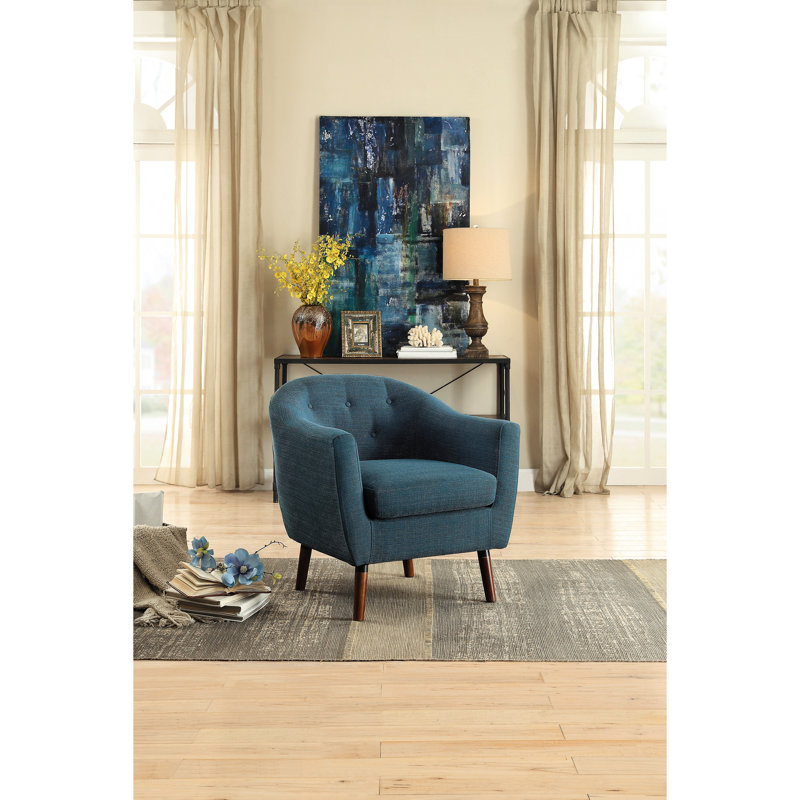 Chaise d'appoint bleue d'inspiration Mid-Century avec tissu texturé, dossier à boutons, pieds en bois au fini exposé, 31,5 po de hauteur, 31 po de profondeur pour le salon, structure solide et en contreplaqué, haute, 30,5 po
