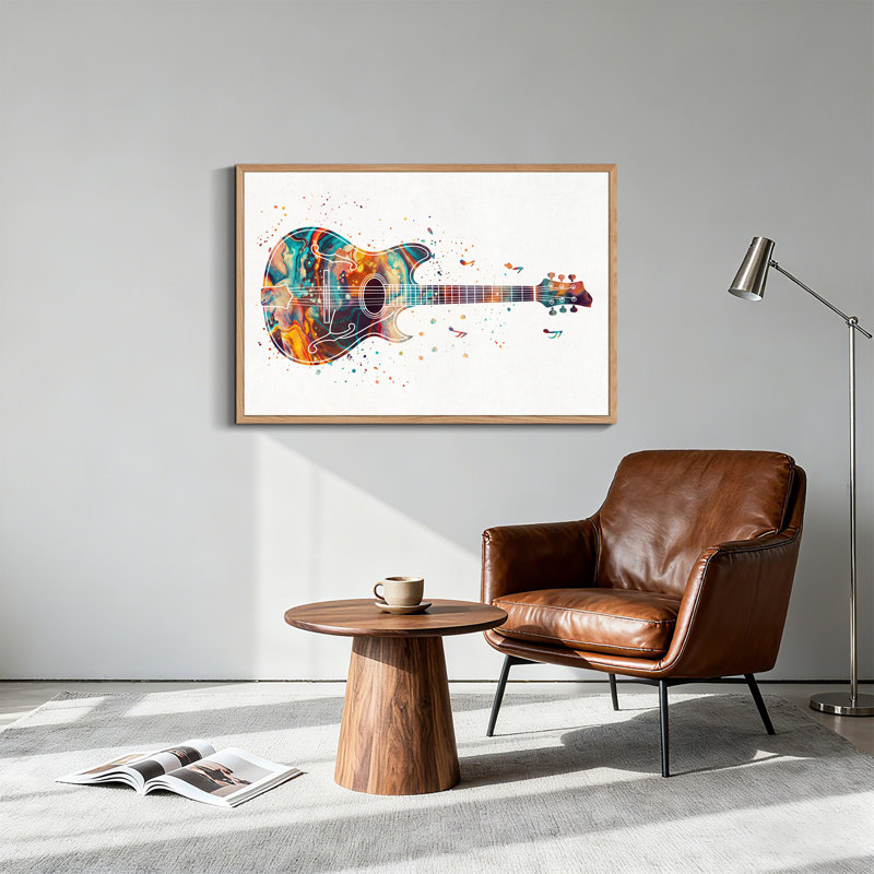 Tableau sur toile représentant une guitare acoustique marbrée et colorée avec des notes de musique, H 32 po x l 48 po