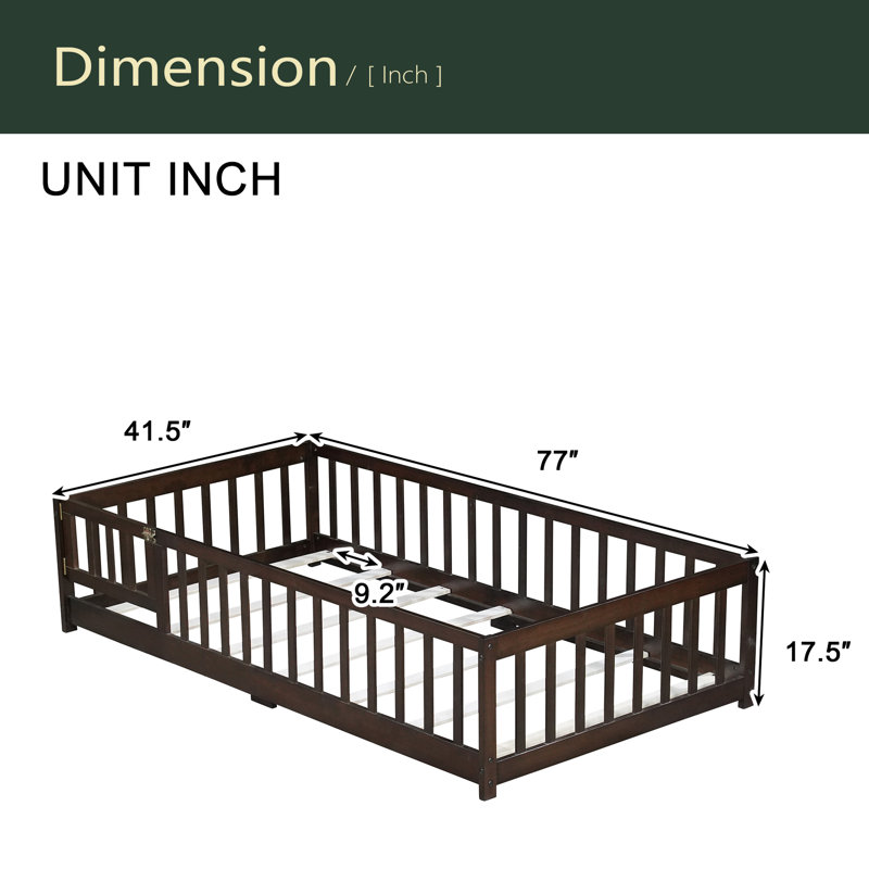 Lit simple au sol avec clôture et porte, lit en bois d'hévéa avec barrières de sécurité, Espresso