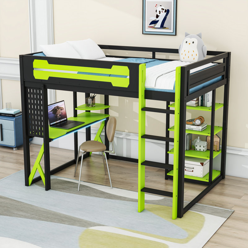 Wood Loft Bed with Desk, Shelves, Power Outlet and RGB Light, Black/Green