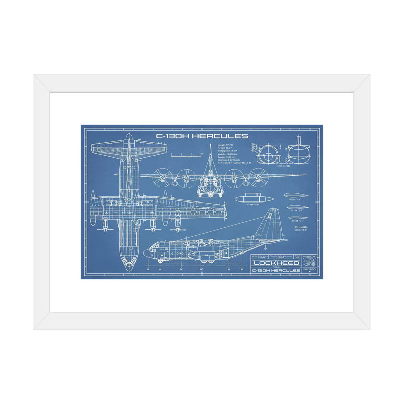 Blueprint d’avion C-130 Hercules-impression de dessin, H 24 po x l 32 po x P 1 po, Papier encadré blanc, Blanc