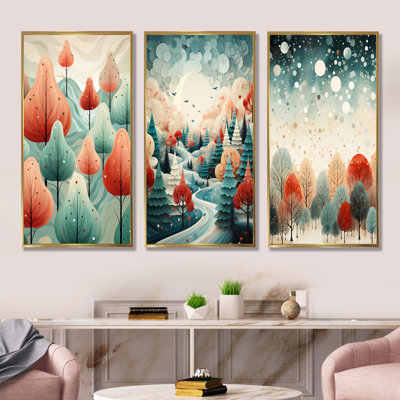 Orange And Green Festive Christmas Pine Tree I - Forest Winter Canvas Prints Set Of 3
