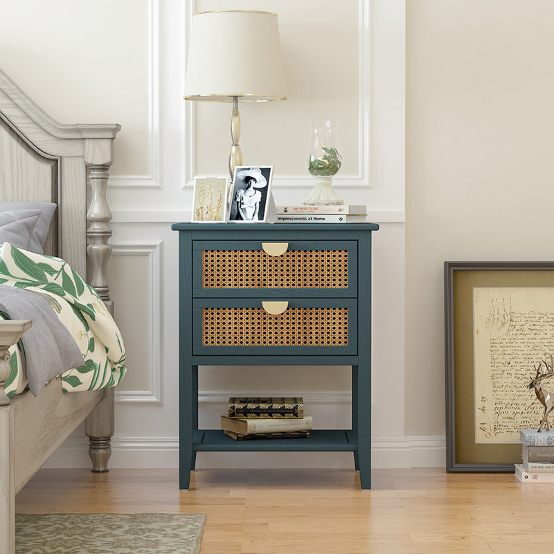 Ossian 2 Drawer Side table,Naturel Rattan,End table,Suitable for bedroom, living room, study, Green