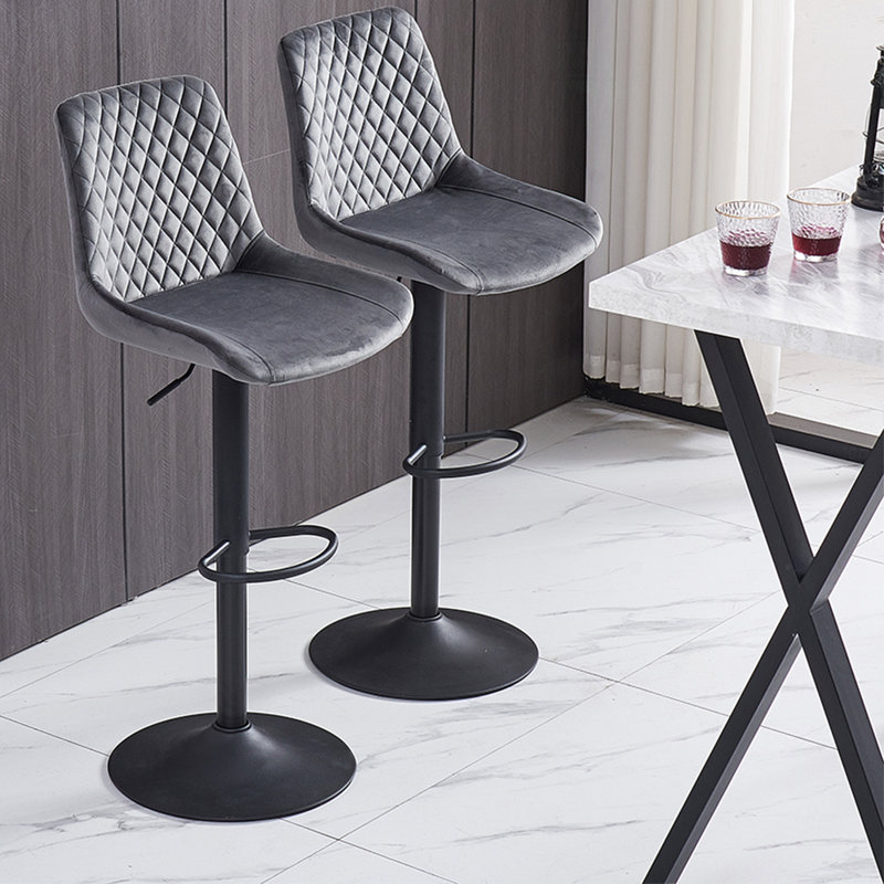 Apoch Waffle Velvet Height Adjustable Bar Stool 360 Swivel with Footrest, Grey