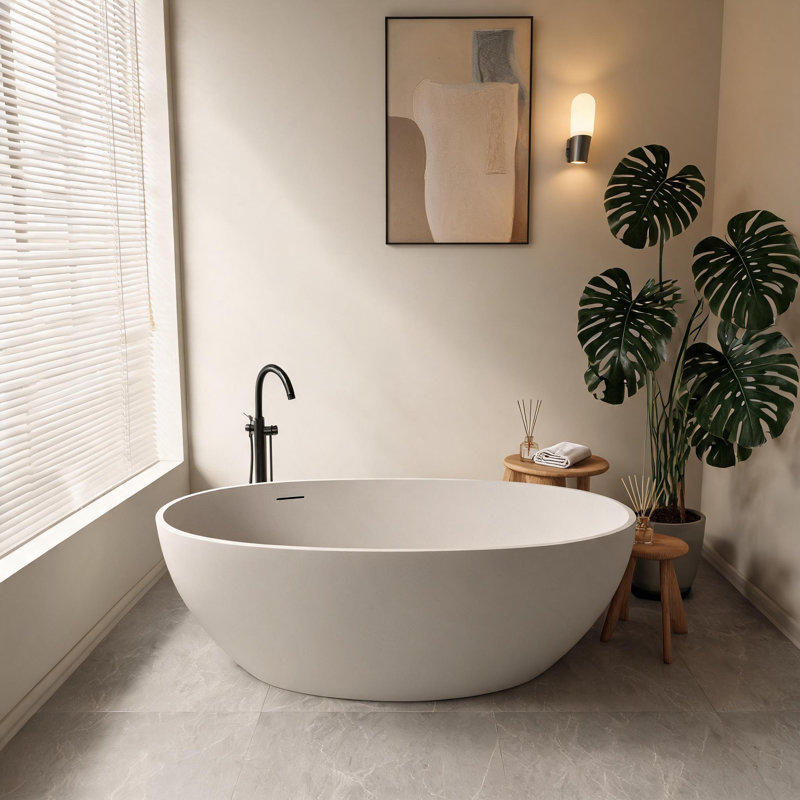 59 inch Beige Solid Surface Freestanding Soaking Bathtub with Overflow and Pop-up Drain