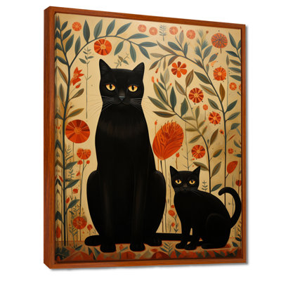 Chat noir, mère et chaton, art floral rétro, salon mural