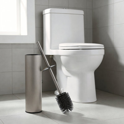 Brushed Nickel-Colored Toilet Brush And Brush Holder Set. Premium Materials, Freestanding Design, Includes Toilet Cleaner. One-Piece Household Bathroom Cleaning Kit.