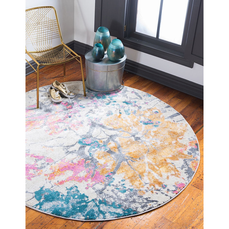 Jaune oriental/Tapis décoratif rose Mumford, Rond 6 pi