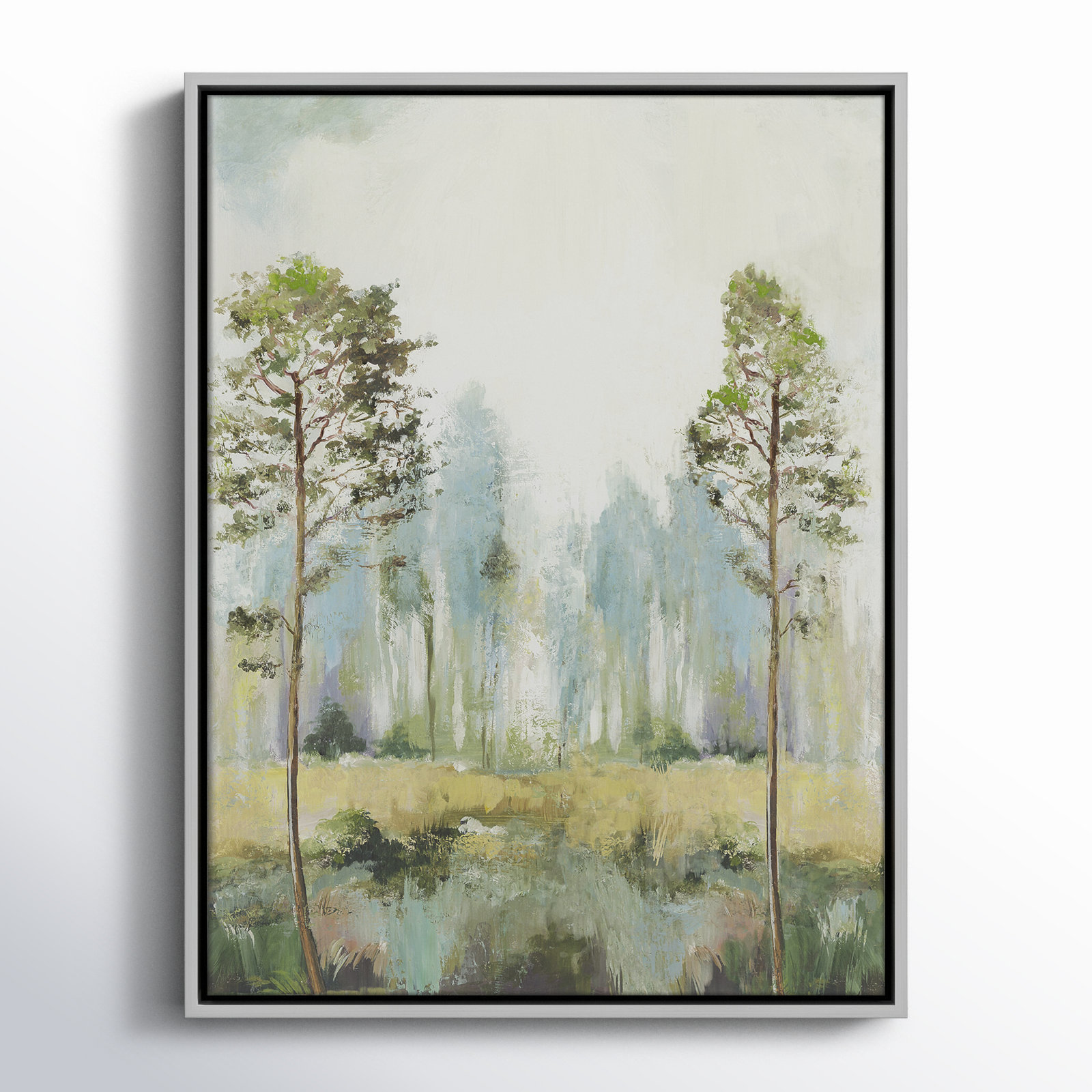 Tall Green Trees II by Teton Pearce - Floater Frame Print on Canvas, 25.5" H x 19.5" W, Silver