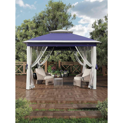 Tente de pavillon de jardin escamotable 11 x 11 pi, auvent de protection UV imperméable et réglable en hauteur à 3 hauteurs, abri portatif pour patio, cour et jardin, bleu marine et beige