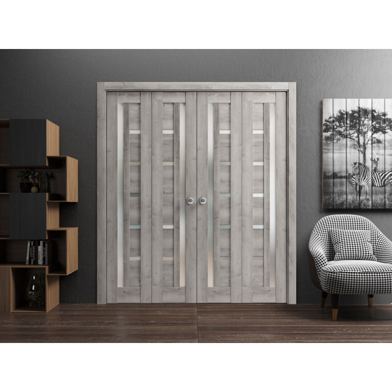 Portes coulissantes doubles pliantes pour placard 96 x 84 (4 x 24 x 84) Quadro 4088 Gris Nebraska avec verre dépoli, rails robustes, moulures, garnitures, quincaillerie, portes d'armoire en bois massif pour chambre à coucher