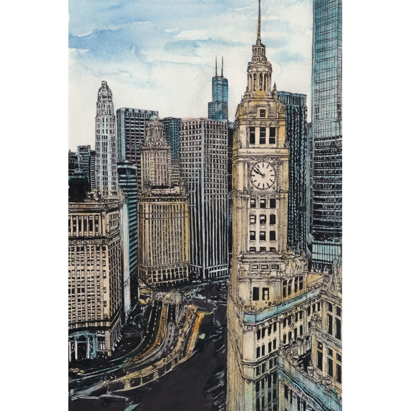 US Cityscape - Chicago, reproduction d'art par Melissa Wang, H 36 po x l 24 po, Non, Noyer avec cadre simple