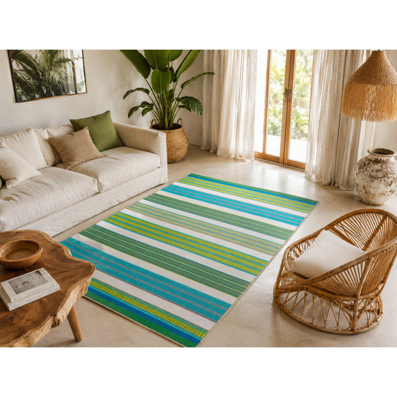 Tapis tissé à rayures vertes, Rectangle 4 pi 8 po x 6 pi 7 po