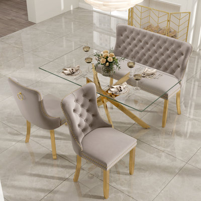 Ensemble de salle à manger de luxe avec banc et chaises en velours touffeté à la main, table en verre trempé de 8 mm, mobilier moderne pour la salle à manger