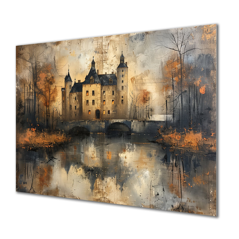 «Gray Black Rustic Castle By The Lake - Chateaus Wall Art Living Room, Métal métal, H 12 po x l 20 po