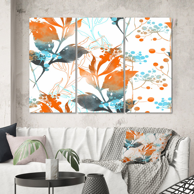 Boho orange et feuilles bleues - reproduction d'art sur toile traditionnelle, H 40 po x l 60 po x P 1 po