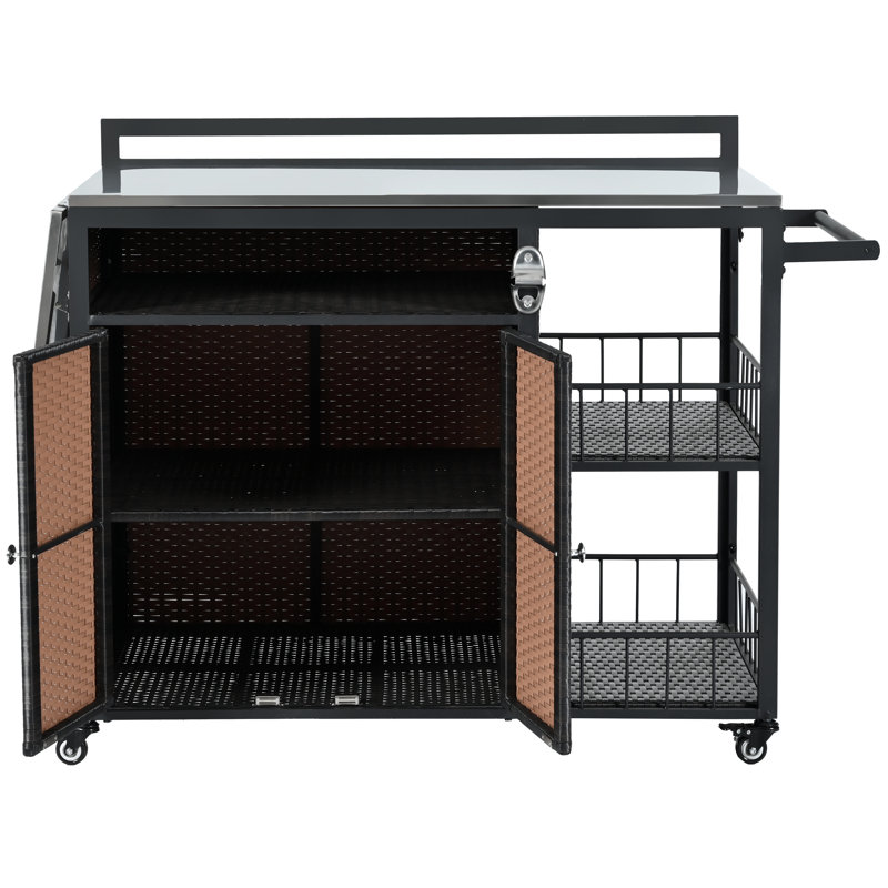 Îlot de cuisine à roulettes pour l'extérieur avec rangement et table d'appoint pliable