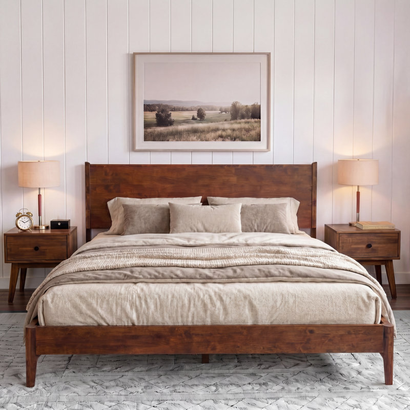 Structure de lit grand en bois massif avec tête de lit, lit plateforme scandinave d'une capacité de 800 lb, finition noyer, antidérapant et silencieux, pas de sommier tapissier nécessaire