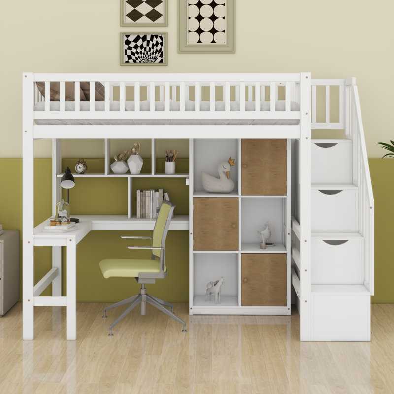 Lit mezzanine en bois avec bureau intégré, DEL, tablettes de rangement, armoires et escalier, blanc