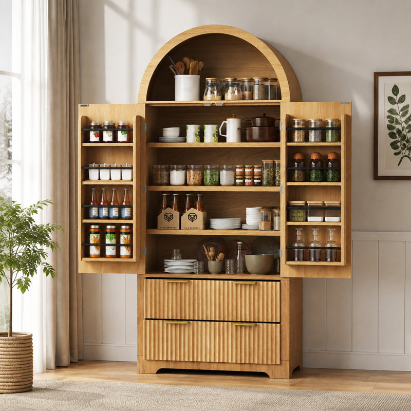 Armoire de cuisine de luxe arquée, armoire à linge cannelée avec tablettes de porte réglables, Nature