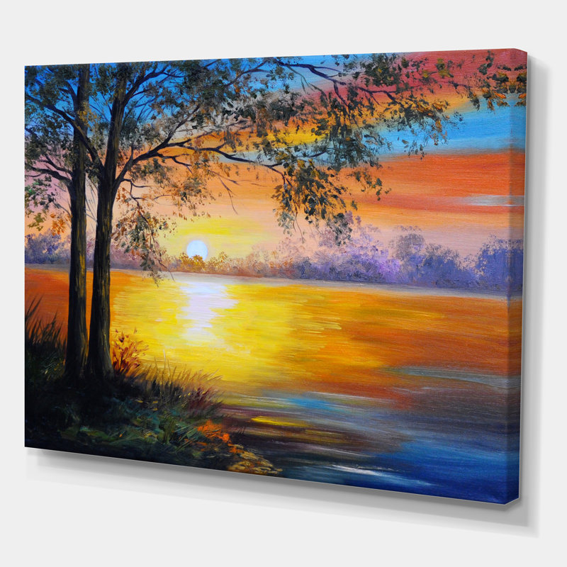 Arbre du soir près du lac - Peinture sur toile, H 24 po x l 32 po x P 1 po, Toile tendue