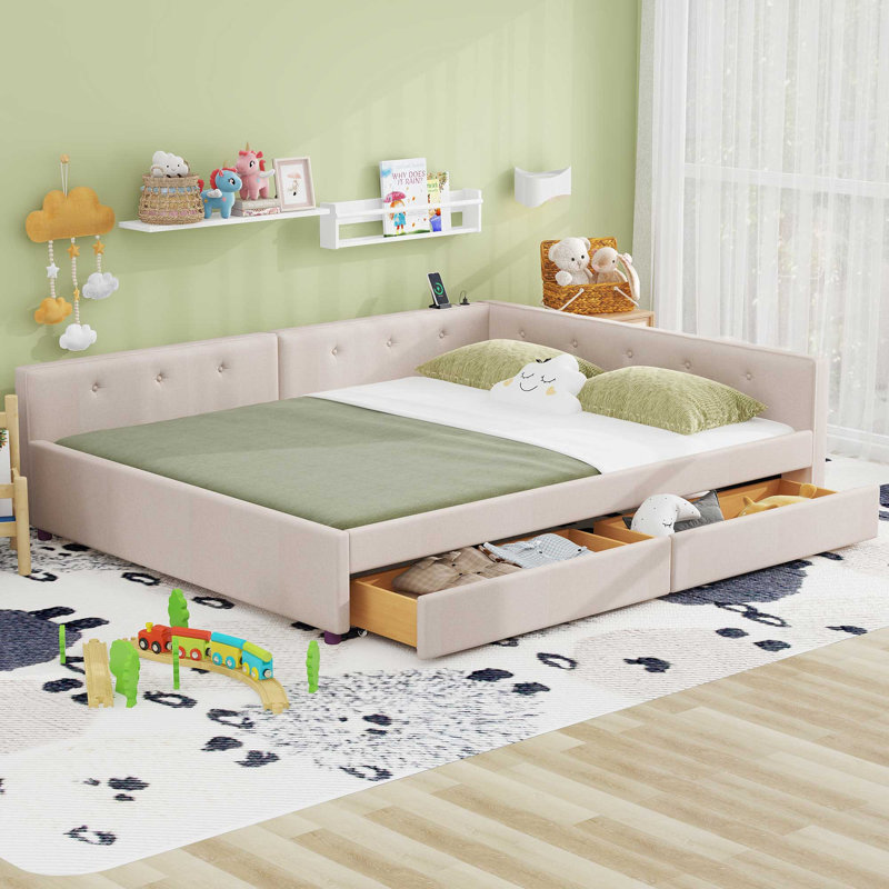 Lit de jour rembourré avec tiroirs, Beige, Grand lit