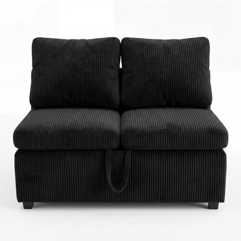 Causeuse sans accoudoirs pour canapé-lit modulaire, noir, Velours côtelé noir