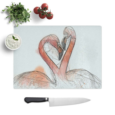 Tempered Glass Two Loving Flamingos in Abstract Chopping Board