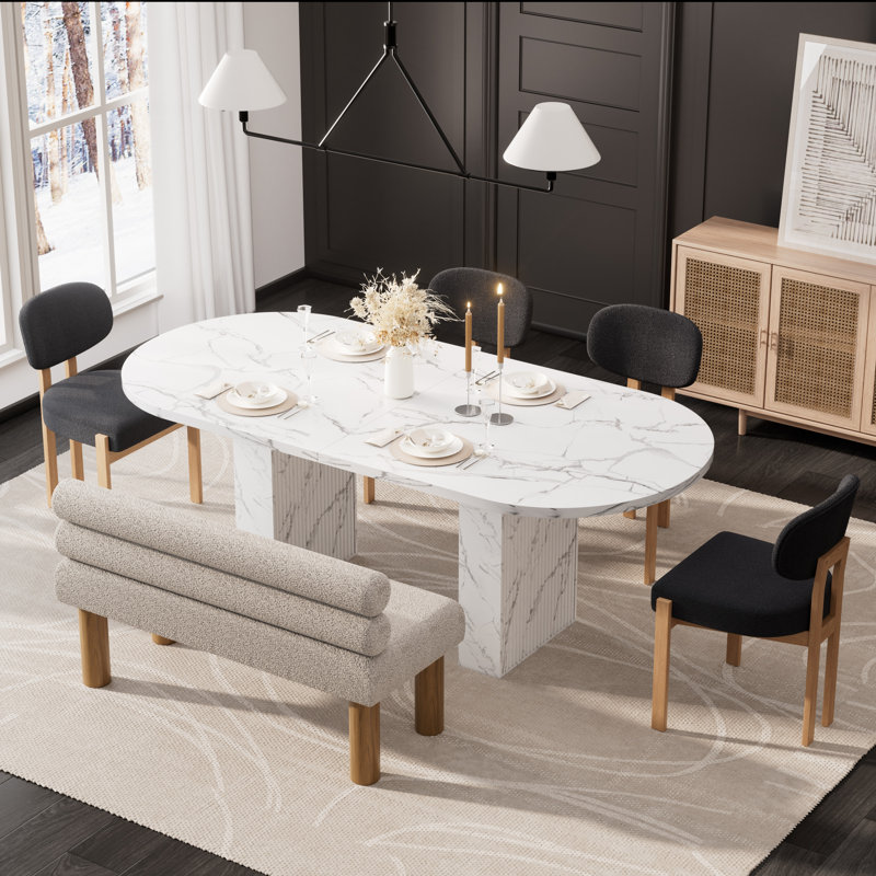 Ensemble de table de salle à manger Lavisha, 6 Pieces: Table, 4 Chairs, Bench, White, Black