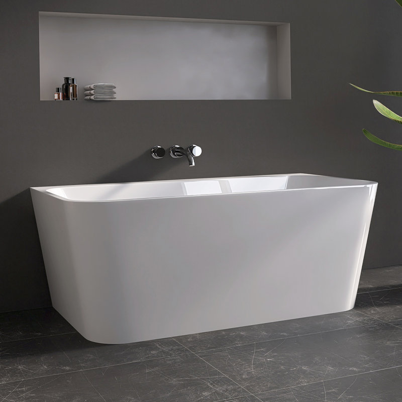 Tidal 59" Back to Wall Acrylic Bathtub Deep Soaking Tub with Overflow