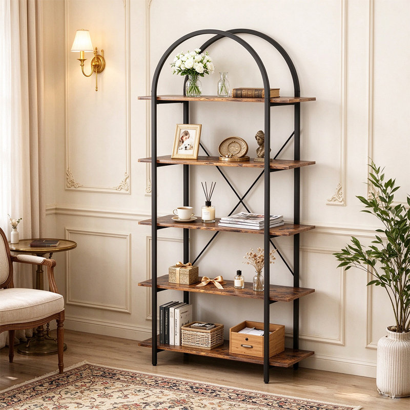Bibliothèque ouverte à 5 niveaux avec haut arqué et bibliothèque industrielle pour le salon, la chambre à coucher et le bureau personnel