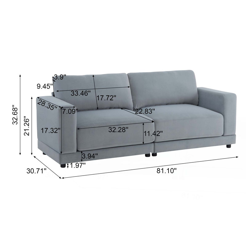 Sapkal Fabric Upholstered 2-Seater Sofa, Light Gray Velvet