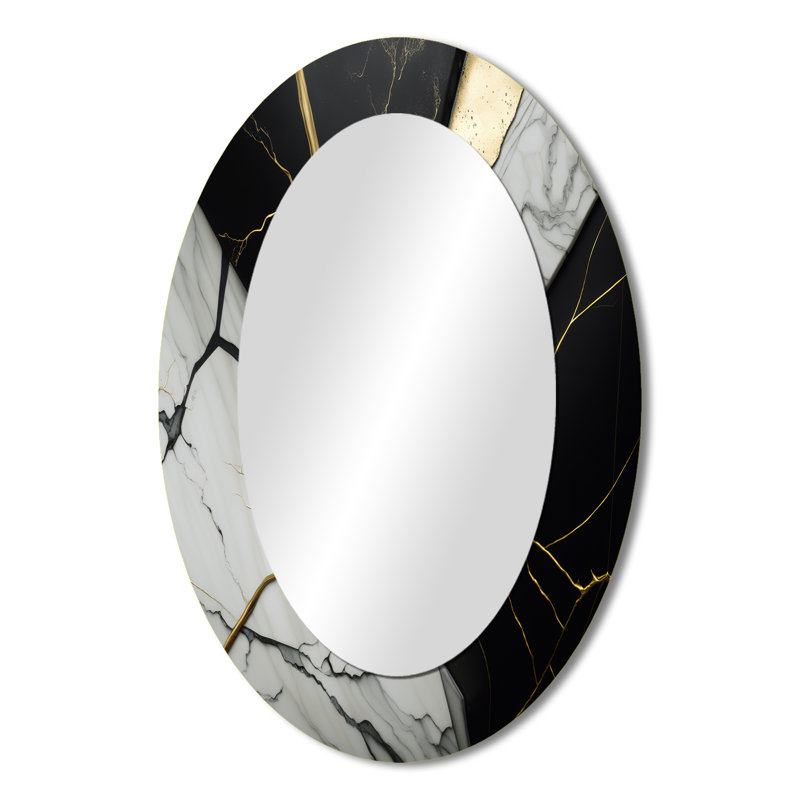Abstrait Geode Black IV - Miroir décoratif abstrait ovale sur métal, 36 po x 24 po